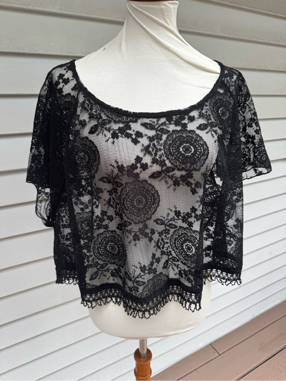 Vintage Sheer Black Lace Cropped top beaded trim
